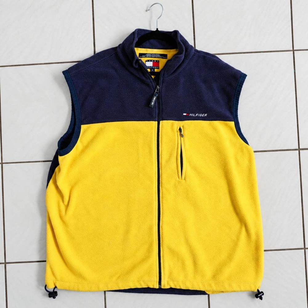 2002 Tommy Hilfiger XL Colorblock Fleece Vest Navy Yellow Y2K Full Zip